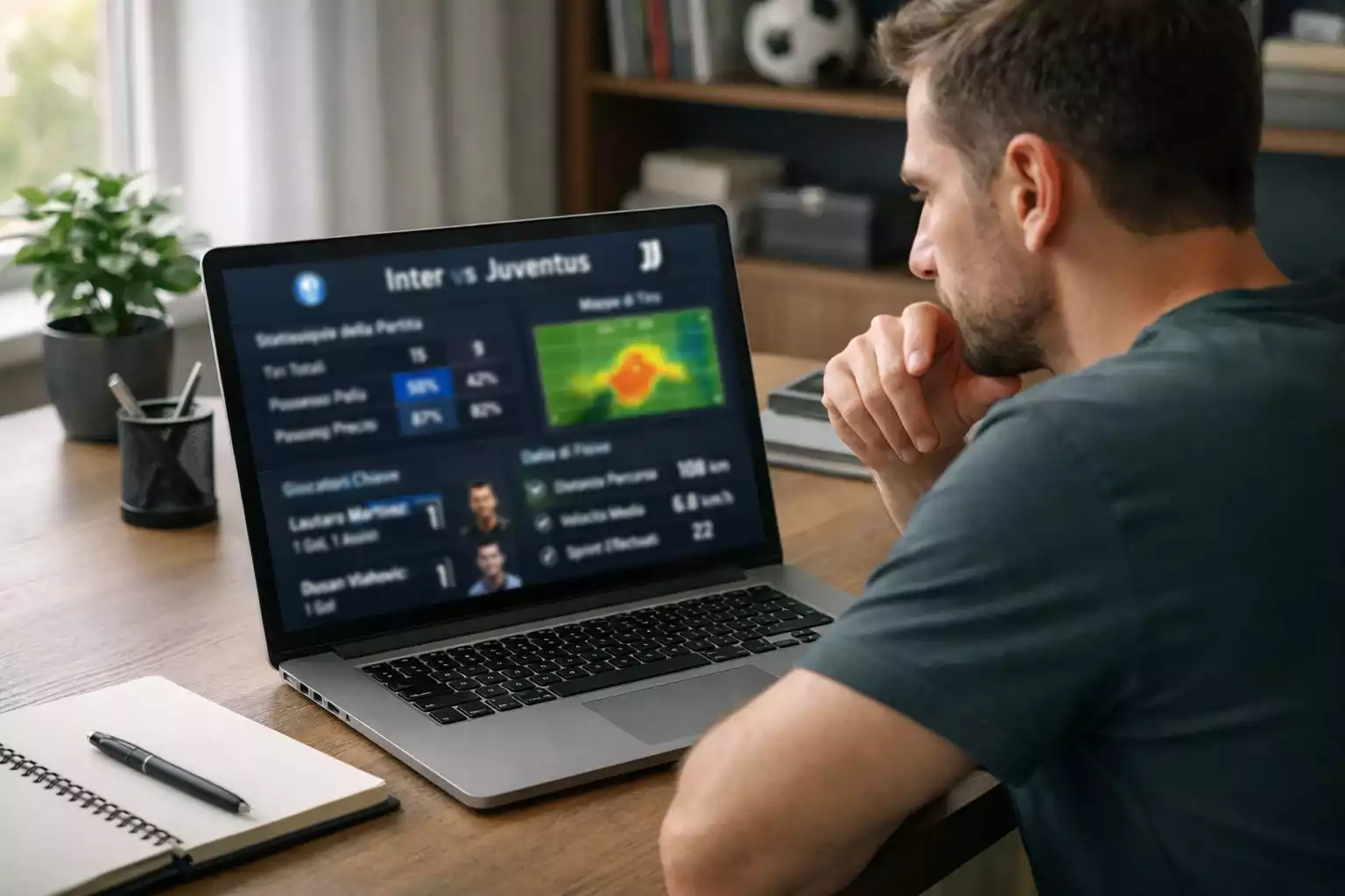 Analista sportivo che studia statistiche di calcio su un laptop