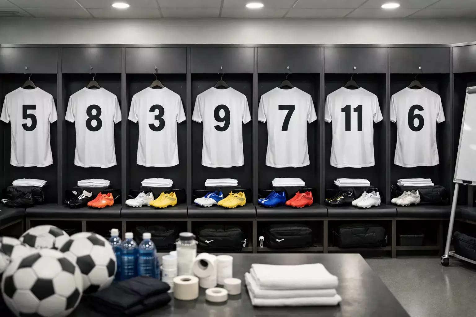 Spogliatoio di calcio con maglie appese prima di una partita