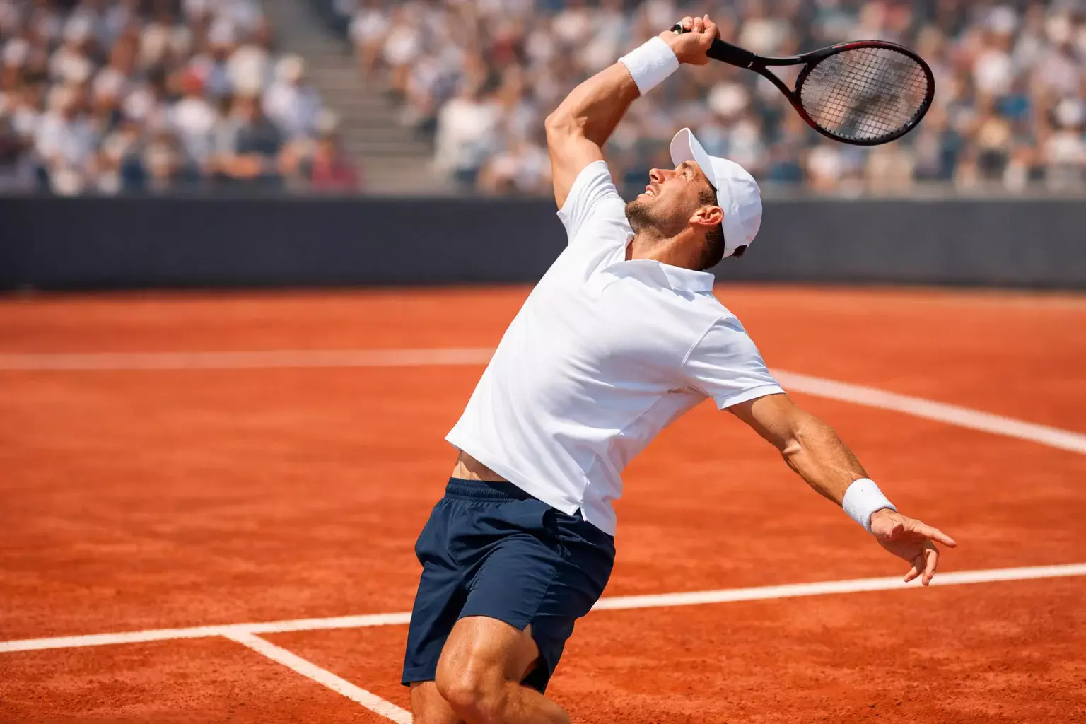 Tennista professionista che serve durante una partita su campo in terra battuta