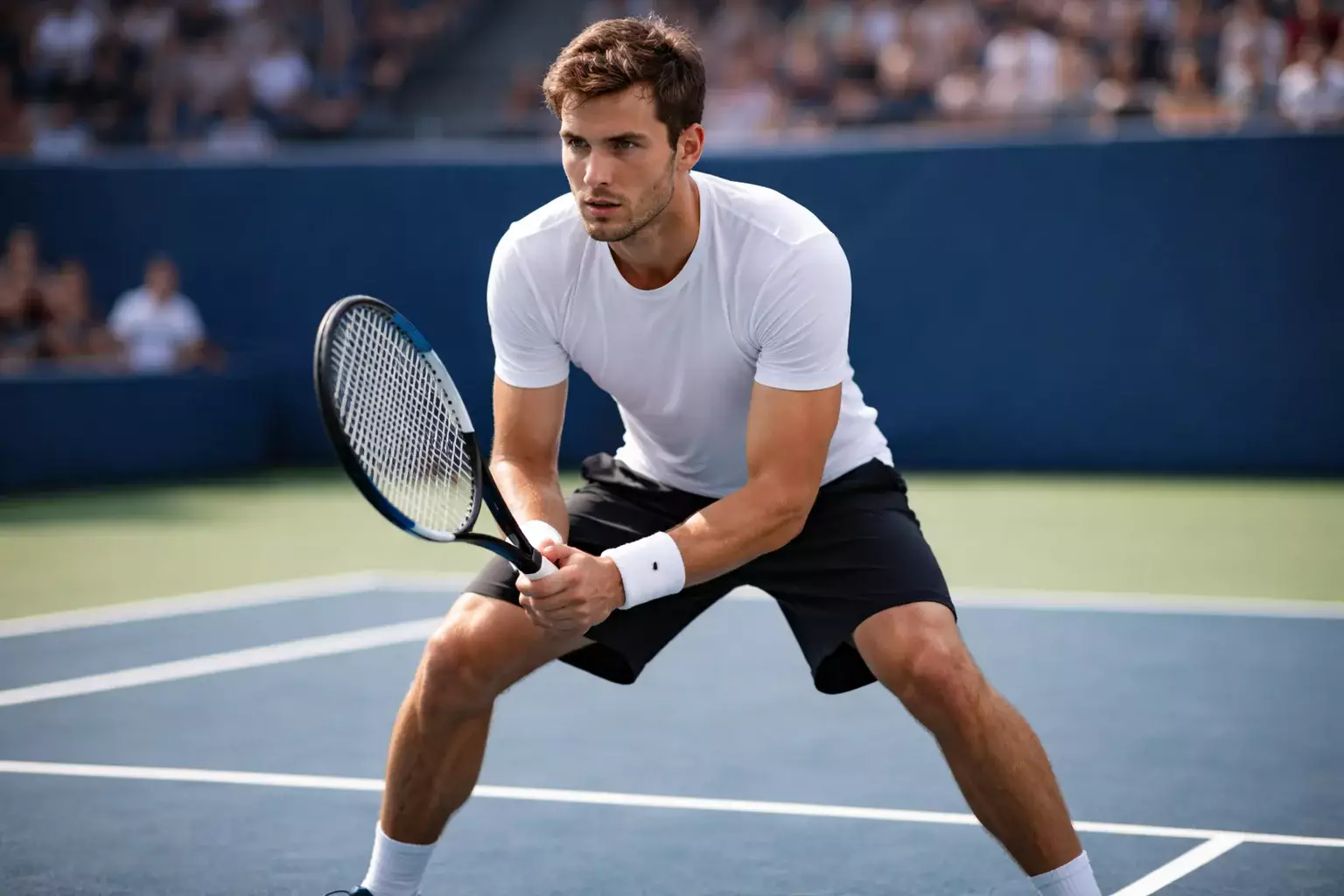 Tennista concentrato che si prepara a ricevere il servizio