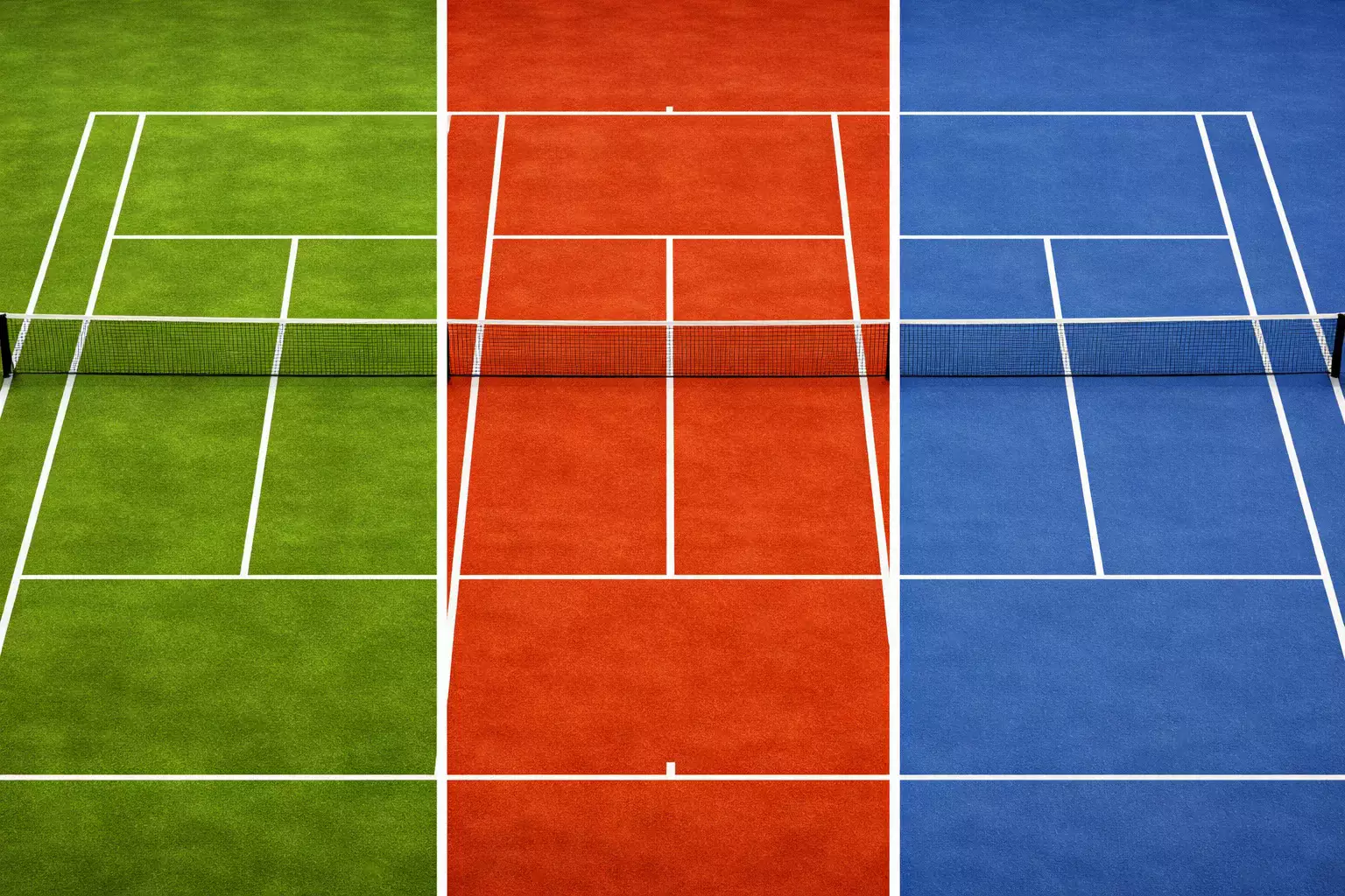 Campo da tennis diviso mostrando erba, terra battuta e cemento