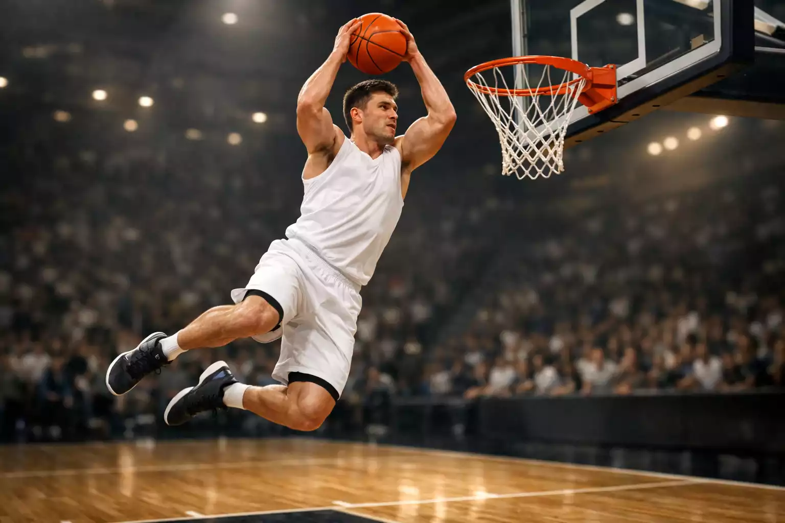 Giocatore di basket che schiaccia a canestro durante una partita NBA