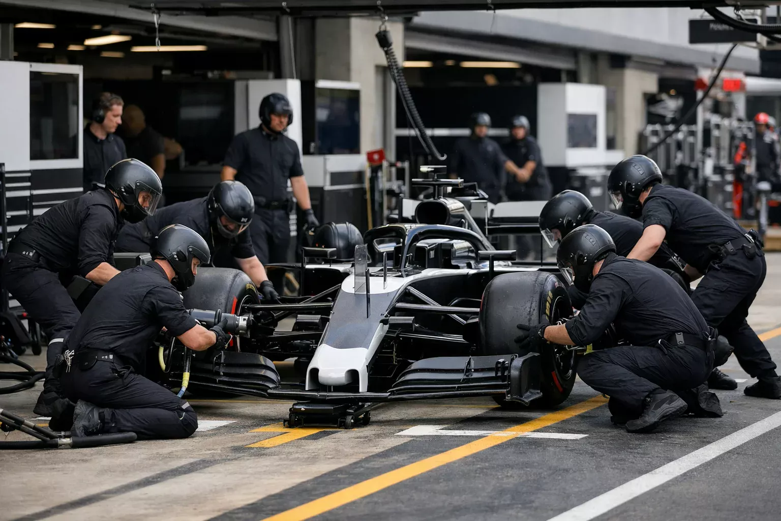 Pit stop di Formula 1 con meccanici che cambiano le gomme