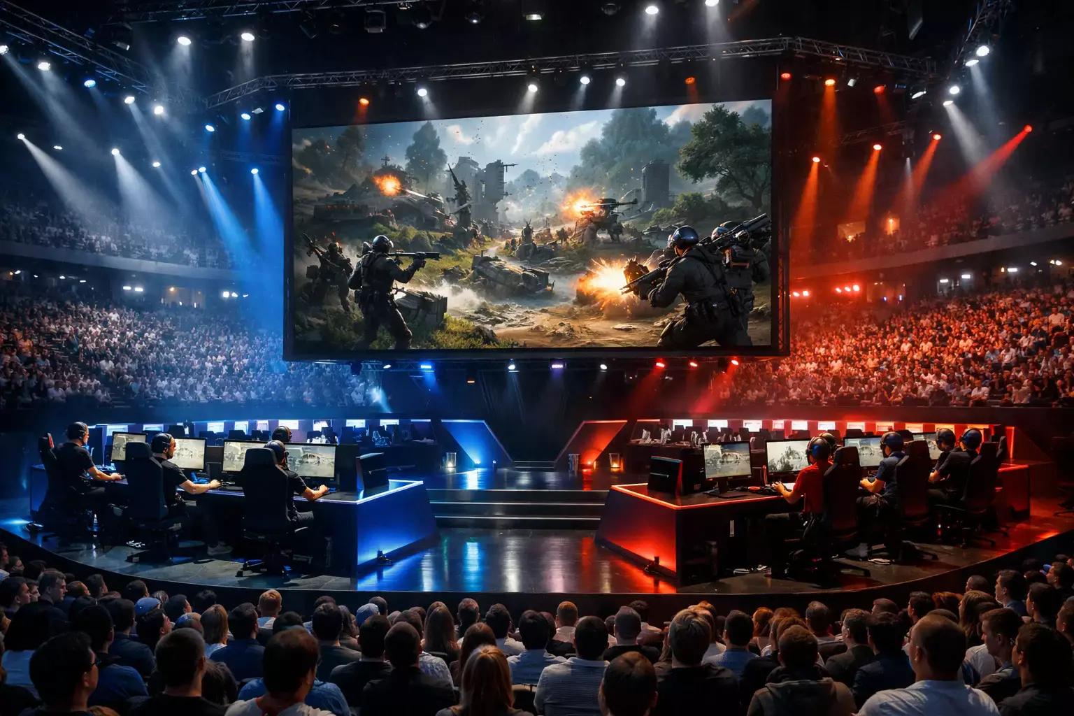 Arena di eSport con giocatori professionisti e grande schermo