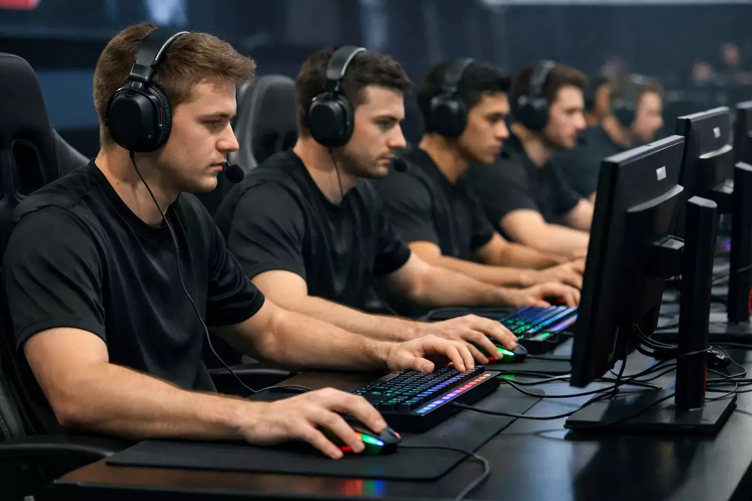 Giocatori di eSport con cuffie che competono a un torneo