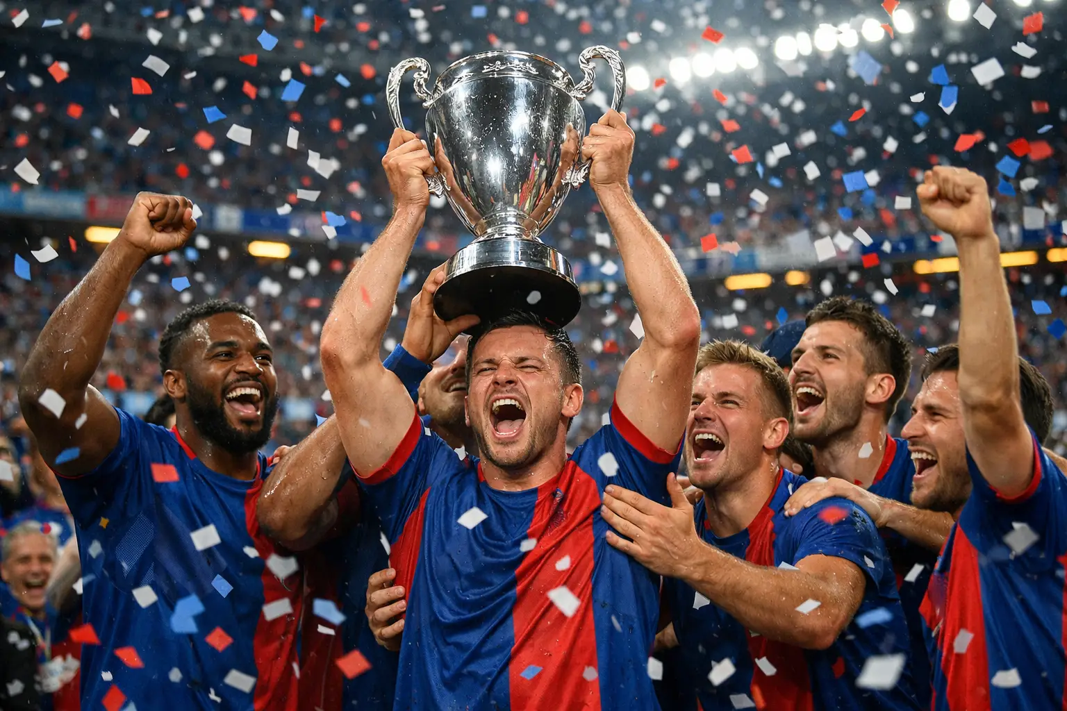 Squadra di calcio che festeggia con la coppa del campionato