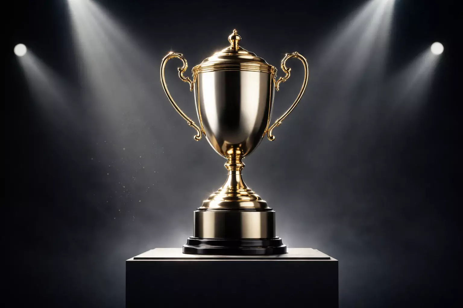 Trofeo di campionato sportivo illuminato su un piedistallo
