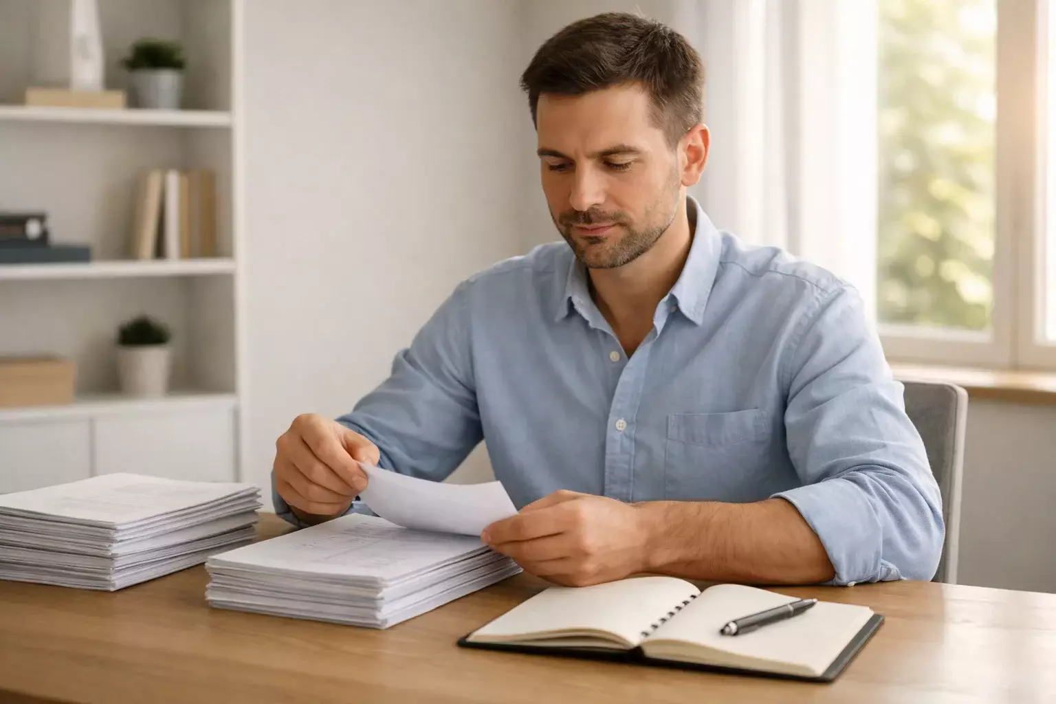 Persona che organizza documenti finanziari su una scrivania ordinata