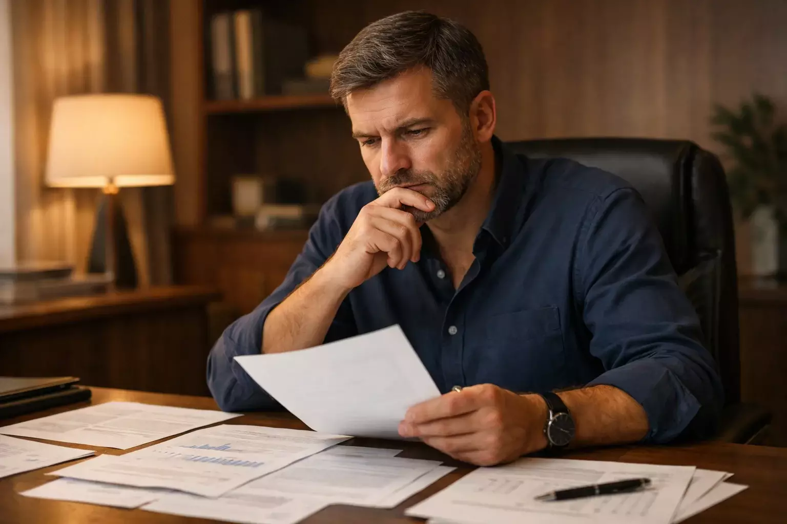 Persona pensierosa che guarda documenti con espressione concentrata