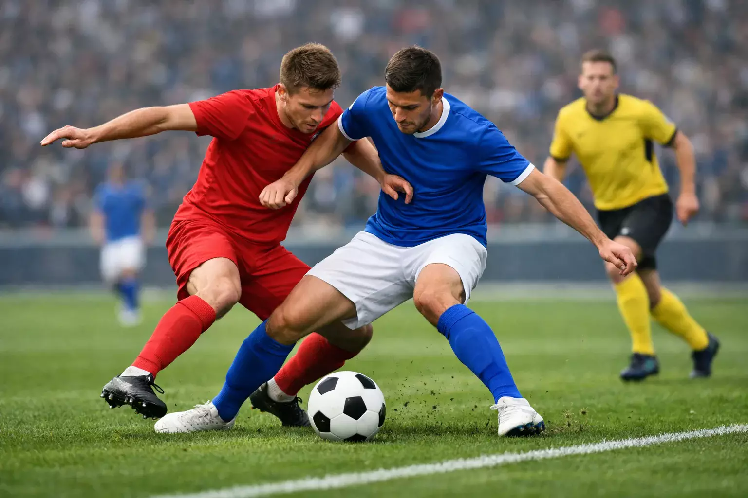 Partita di calcio con giocatori in azione sul campo verde