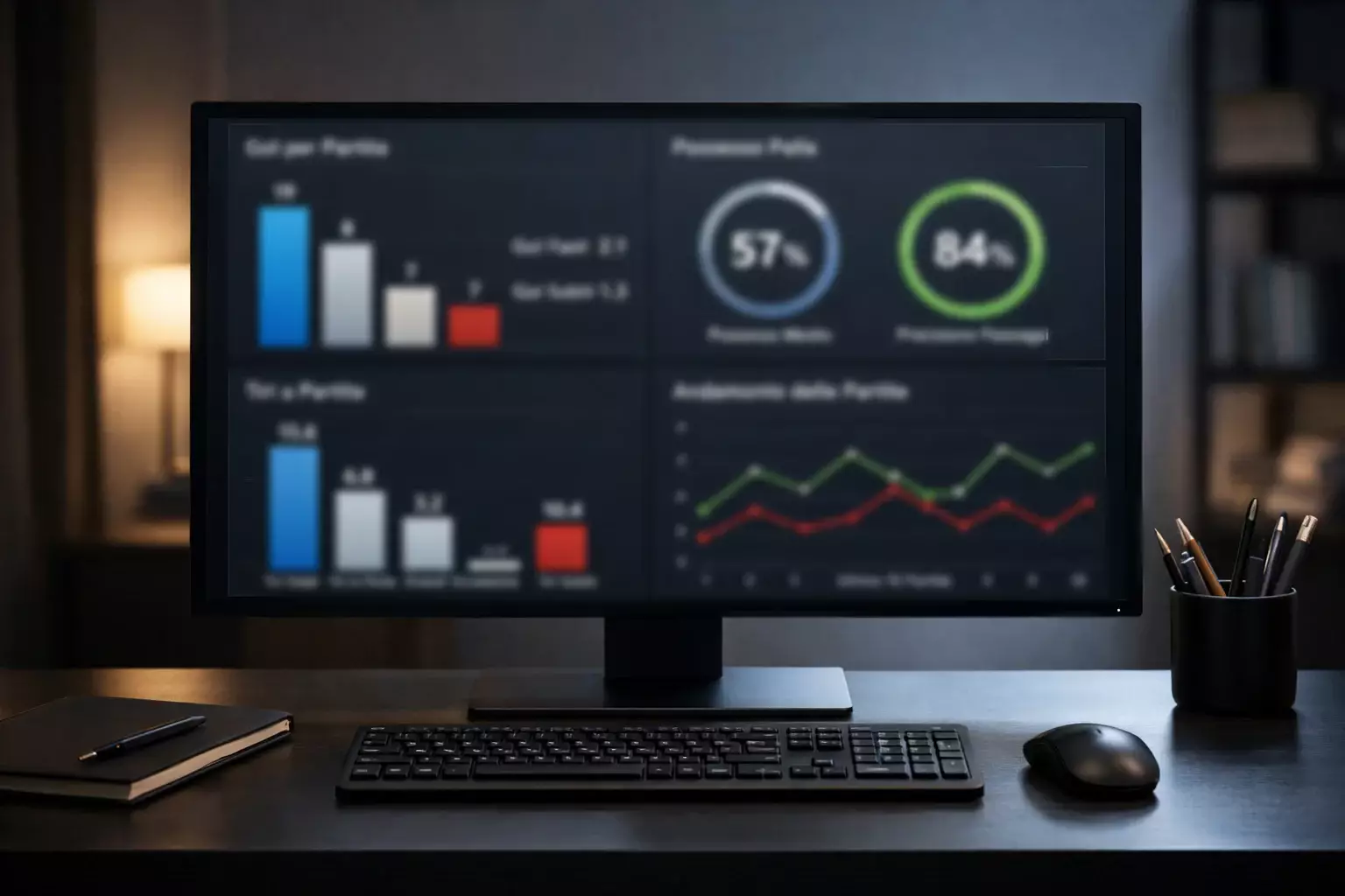 Schermo di computer con grafici sportivi e dati di analisi