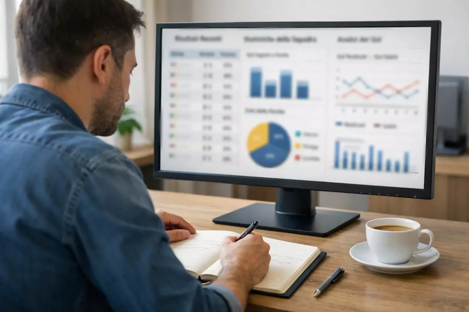 Persona che lavora al computer con dati sportivi sullo schermo