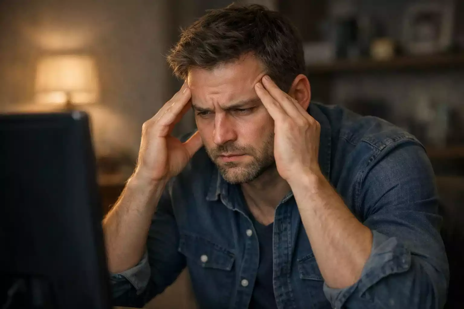 Persona con espressione preoccupata davanti allo schermo del computer