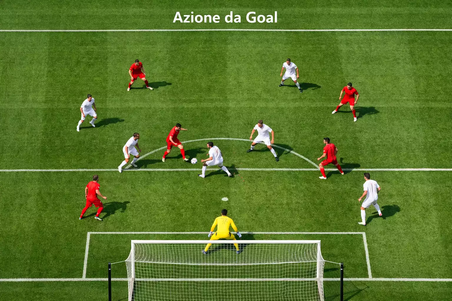 Campo da calcio visto dall'alto con giocatori durante una partita