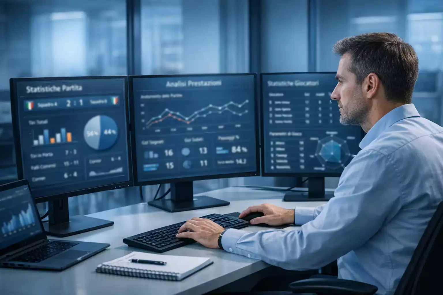 Persona che analizza dati sportivi su monitor multipli