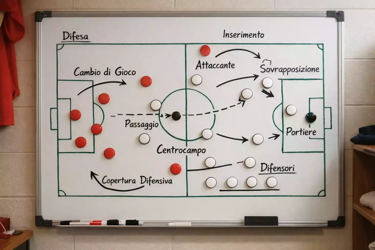 Lavagna con schema tattico di una partita di calcio
