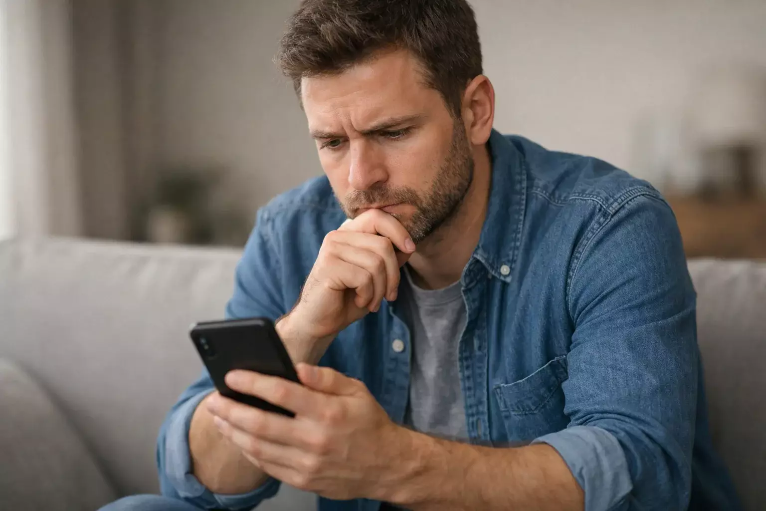 Persona che guarda lo smartphone con espressione concentrata