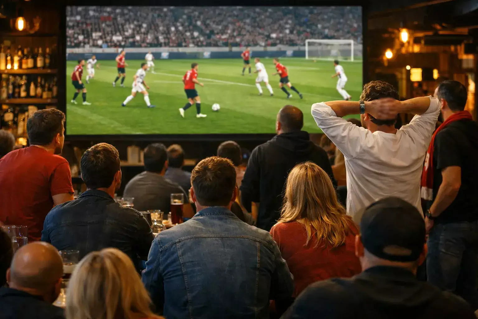 Tifosi che guardano una partita di calcio in diretta su grande schermo