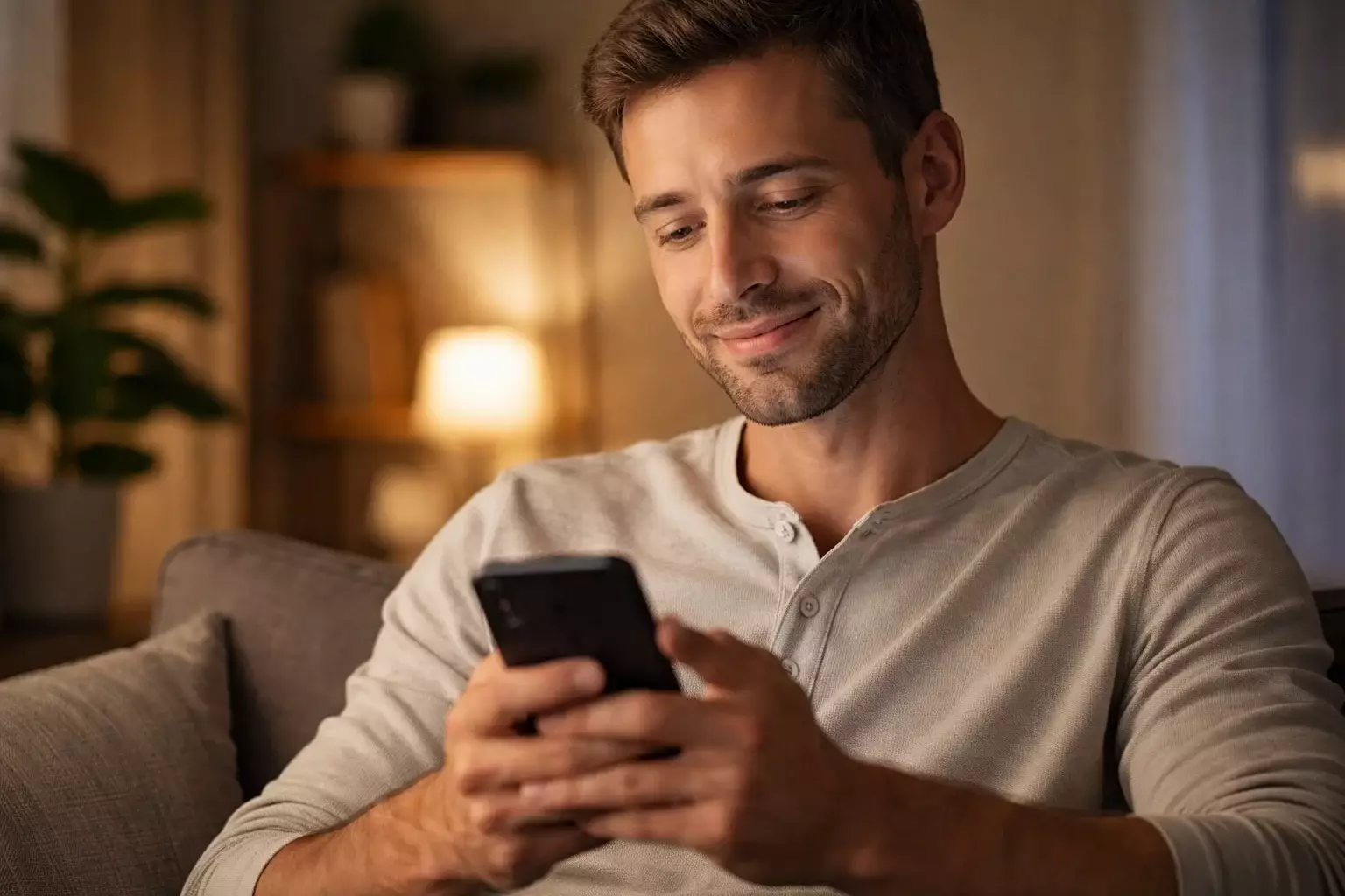 Persona soddisfatta che guarda lo schermo del telefono