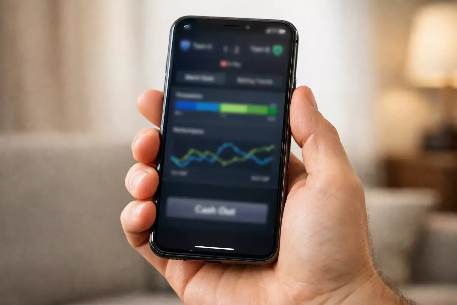 Mano che tiene uno smartphone con app di scommesse aperta