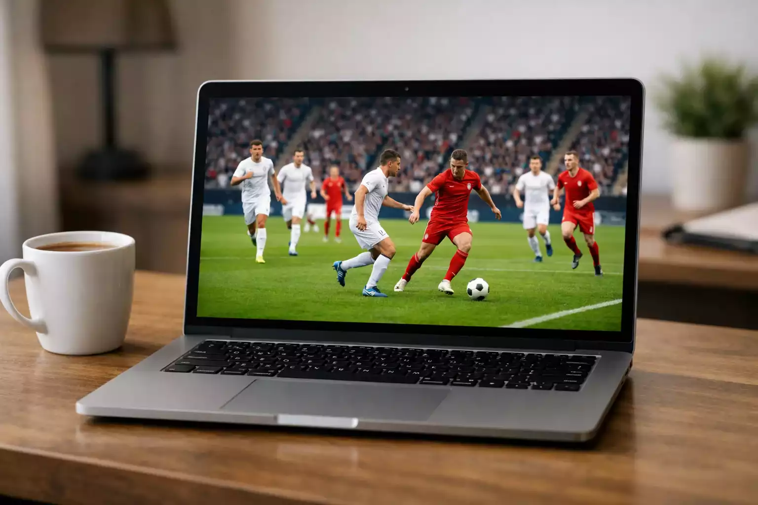 Schermo di laptop che mostra una partita di calcio in streaming