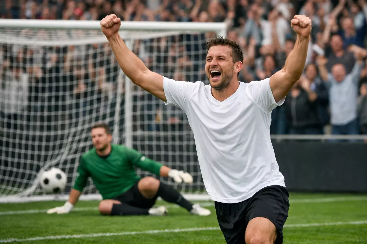 Partita di calcio con giocatore che segna un gol