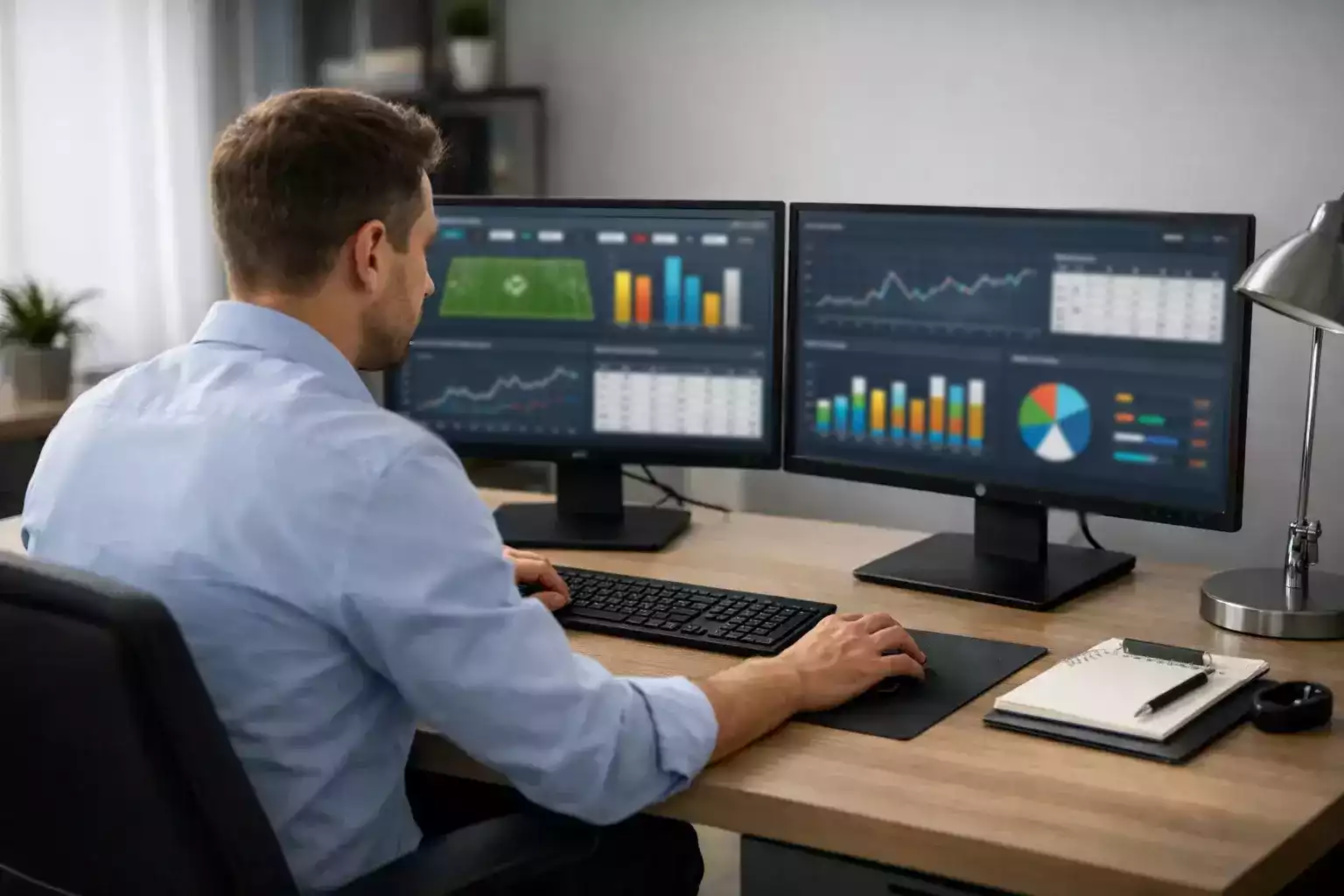 Persona che analizza dati sportivi su doppio monitor