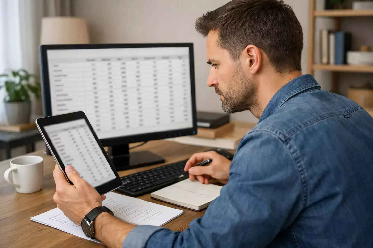 Persona che confronta dati su tablet e computer