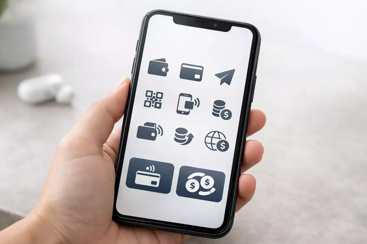 Icone di portafogli elettronici su schermo di smartphone
