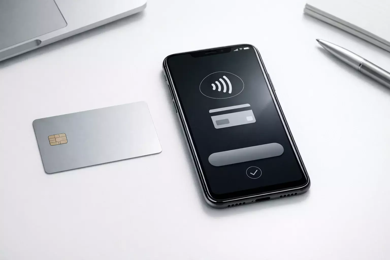 Smartphone con app di pagamento e carta di credito su scrivania