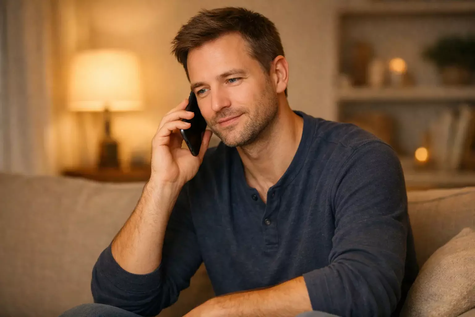 Persona che parla al telefono in un ambiente accogliente