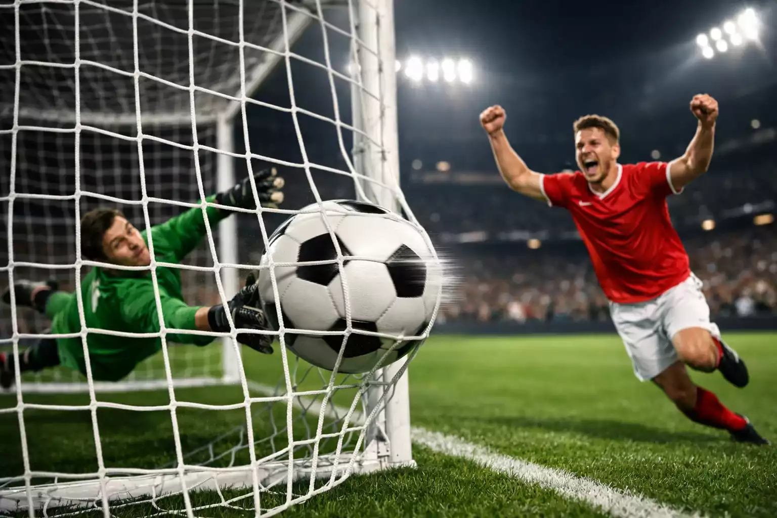 Calciatore che segna un gol in una partita di calcio