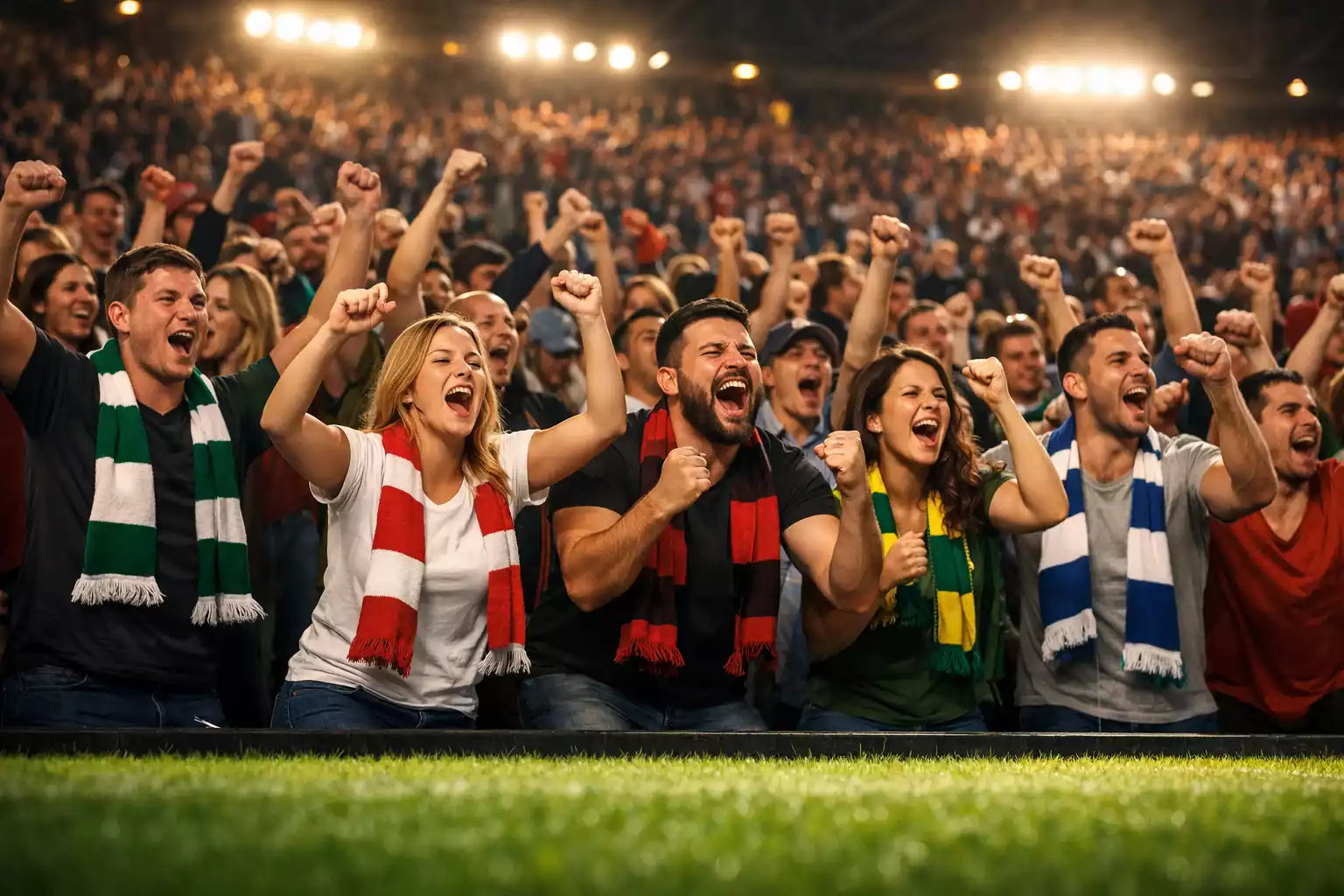 Tifosi allo stadio che esultano durante una partita di calcio