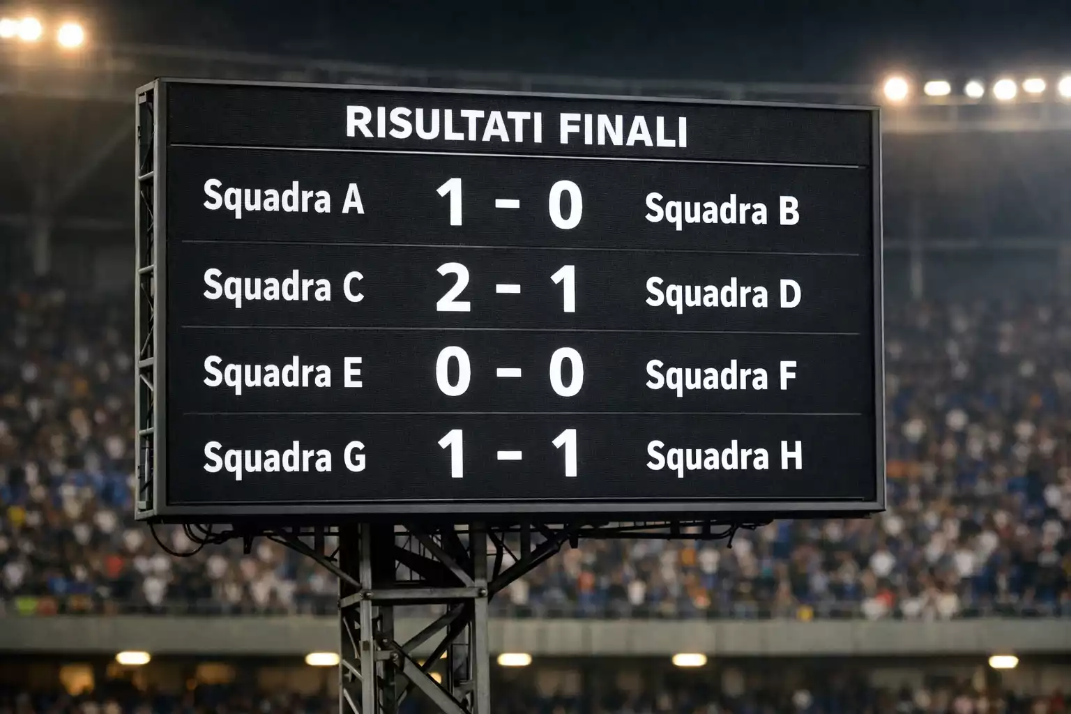 Tabellone dei risultati con punteggi di diverse partite