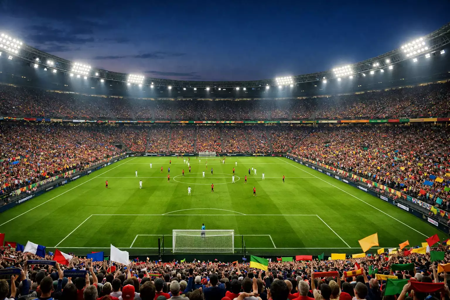 Stadio di calcio pieno di tifosi durante una partita serale