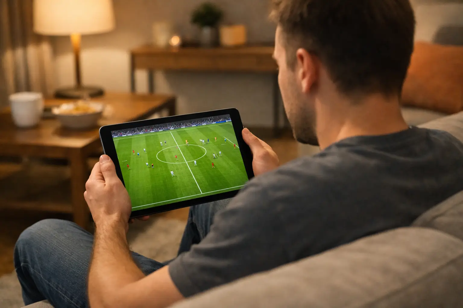Persona che guarda una partita di calcio su tablet