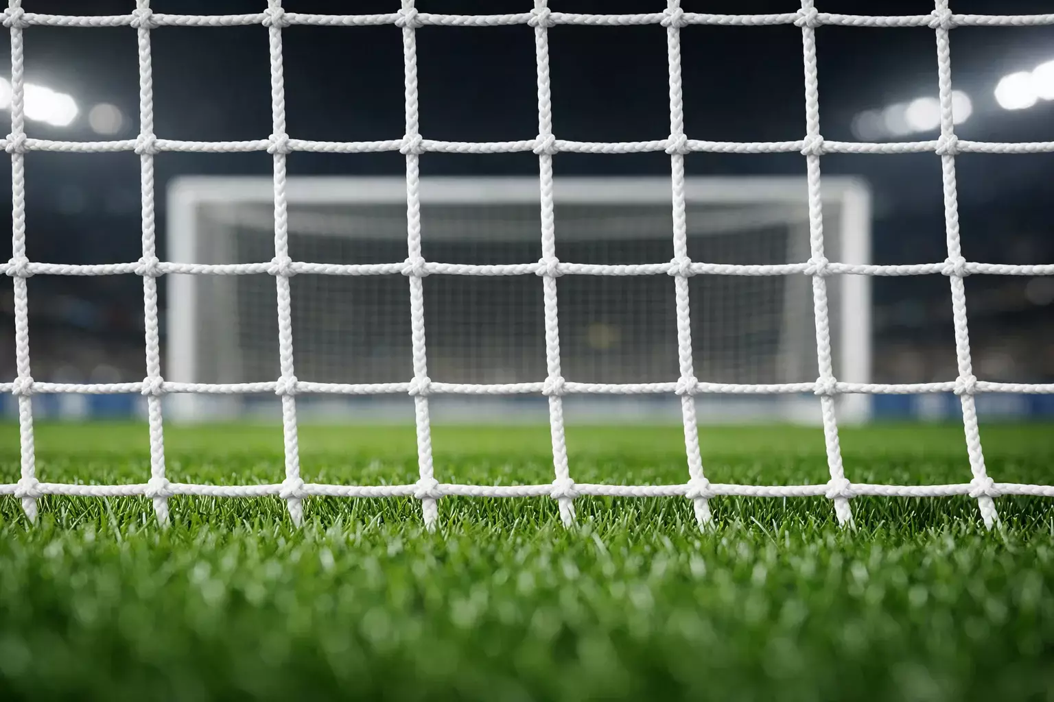 Rete di una porta da calcio vista dal campo