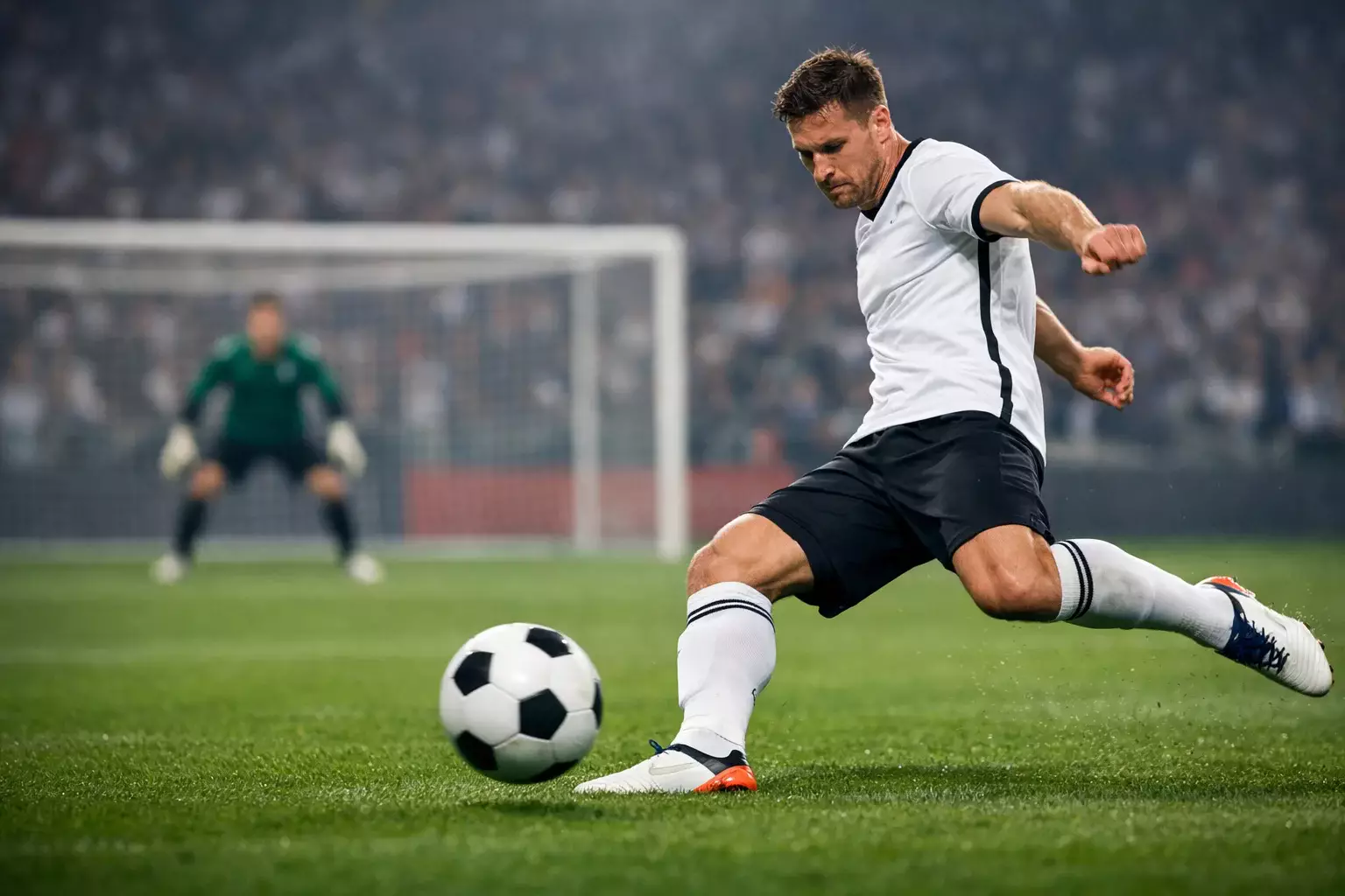 Attaccante di calcio che si prepara a tirare verso la porta