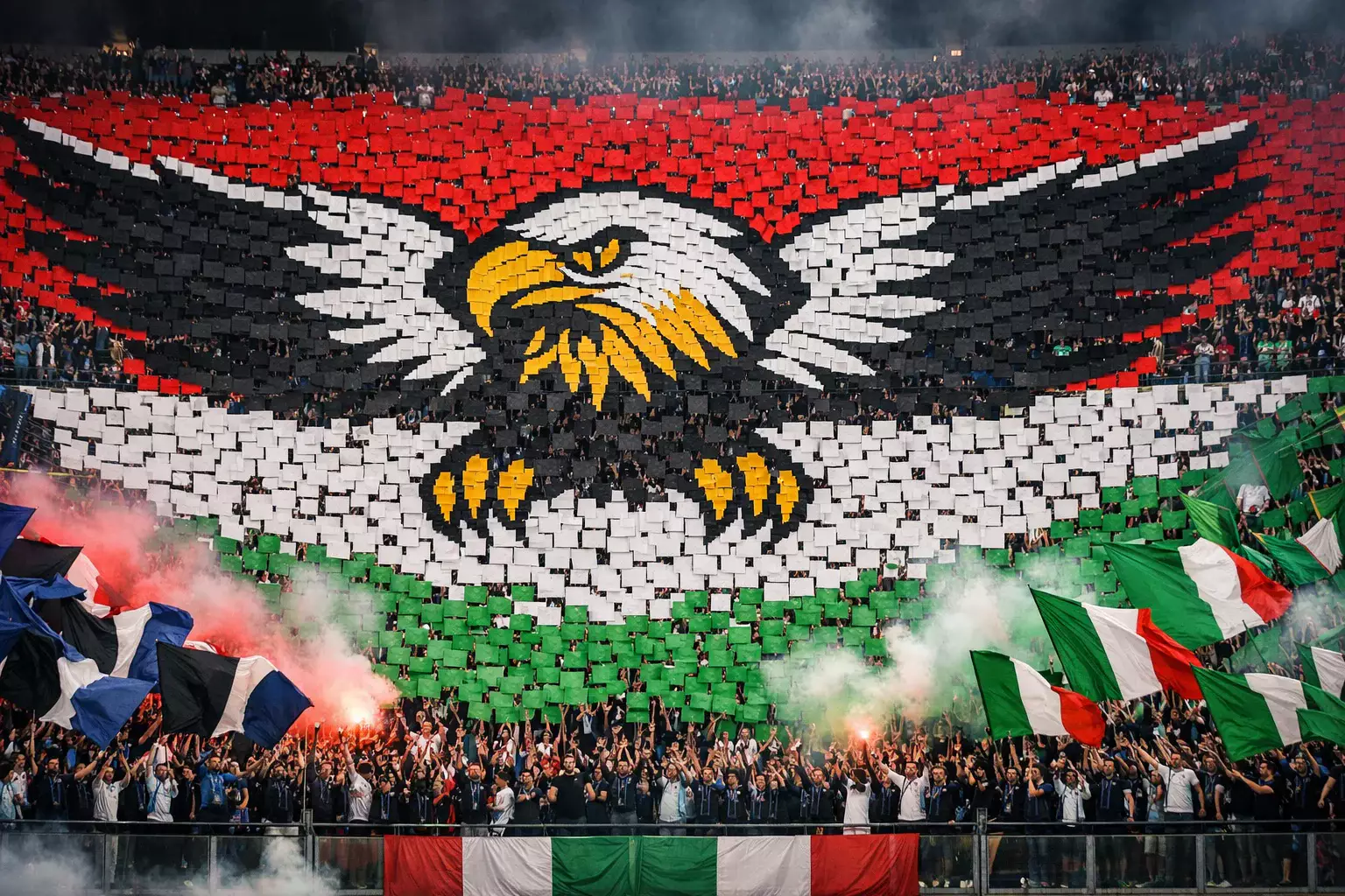 Curva di tifosi con coreografia durante un derby italiano