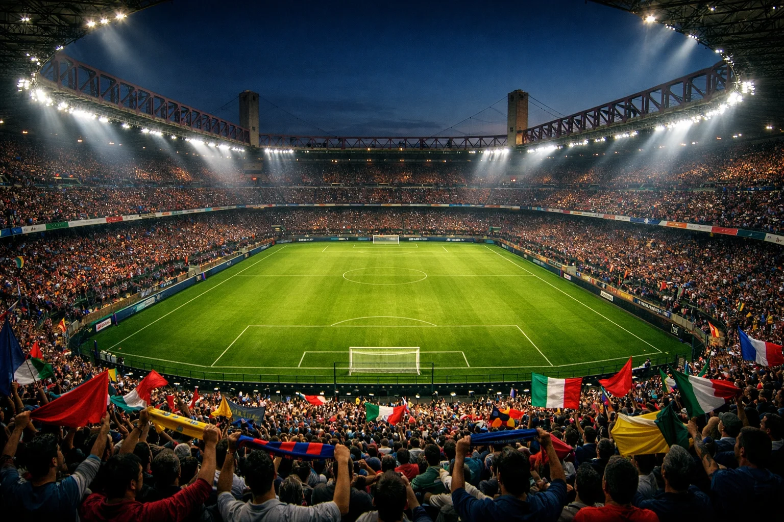 Stadio italiano pieno di tifosi con bandiere durante una partita di Serie A