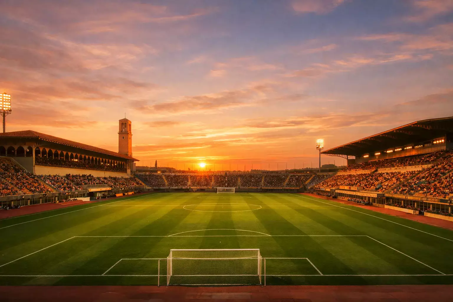 Vista panoramica di uno stadio di calcio italiano al tramonto