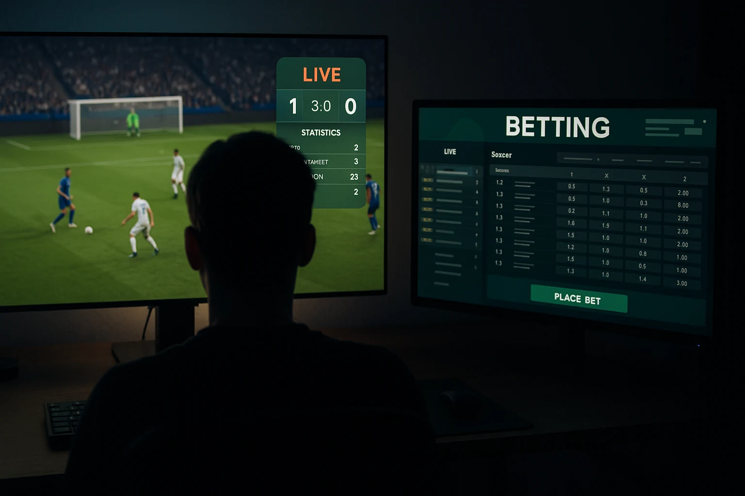 Persona che guarda lo streaming live di una partita di calcio con statistiche e piattaforma scommesse
