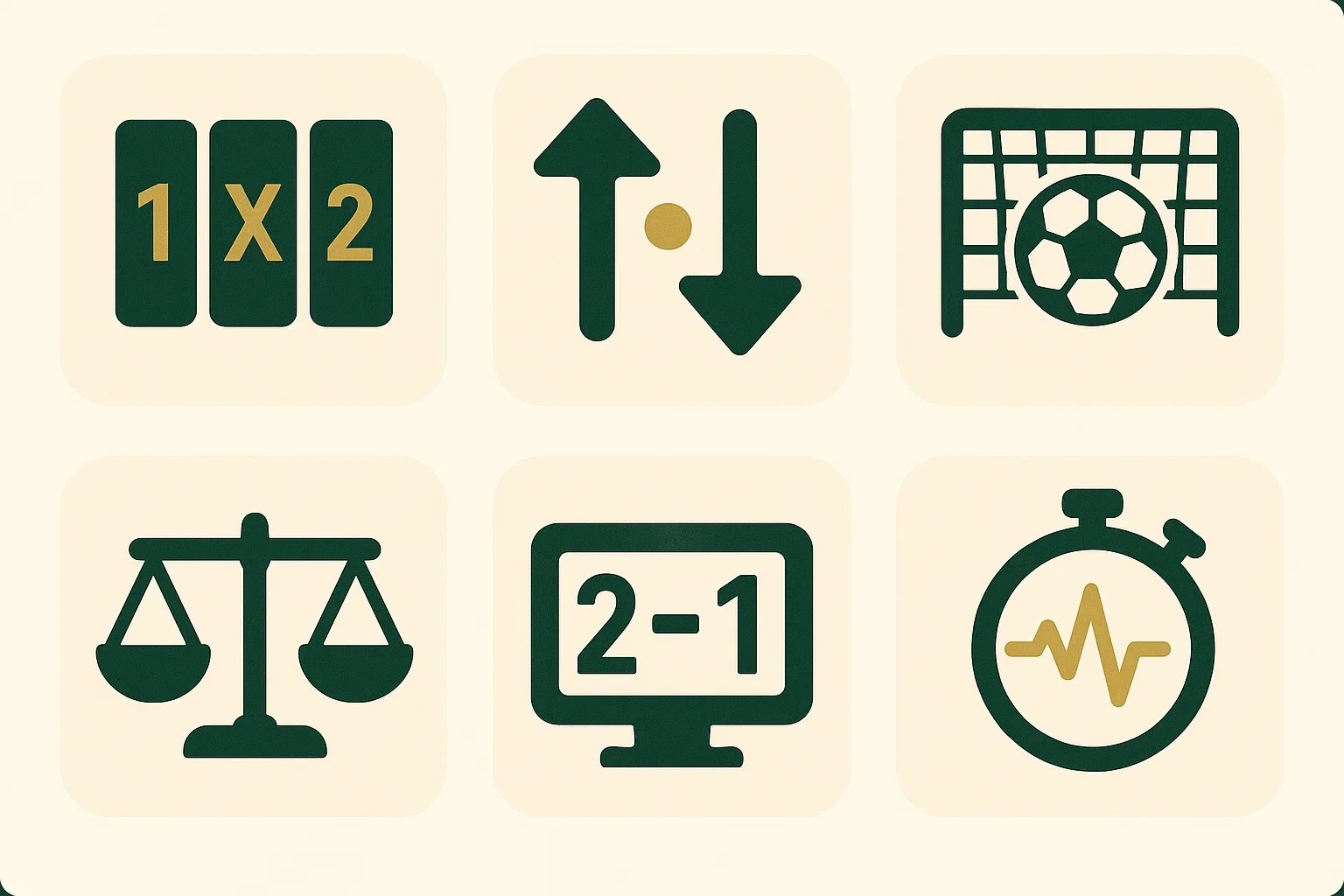 Panoramica dei diversi tipi di scommesse sportive: 1X2, Over/Under, Goal, Handicap e altri mercati